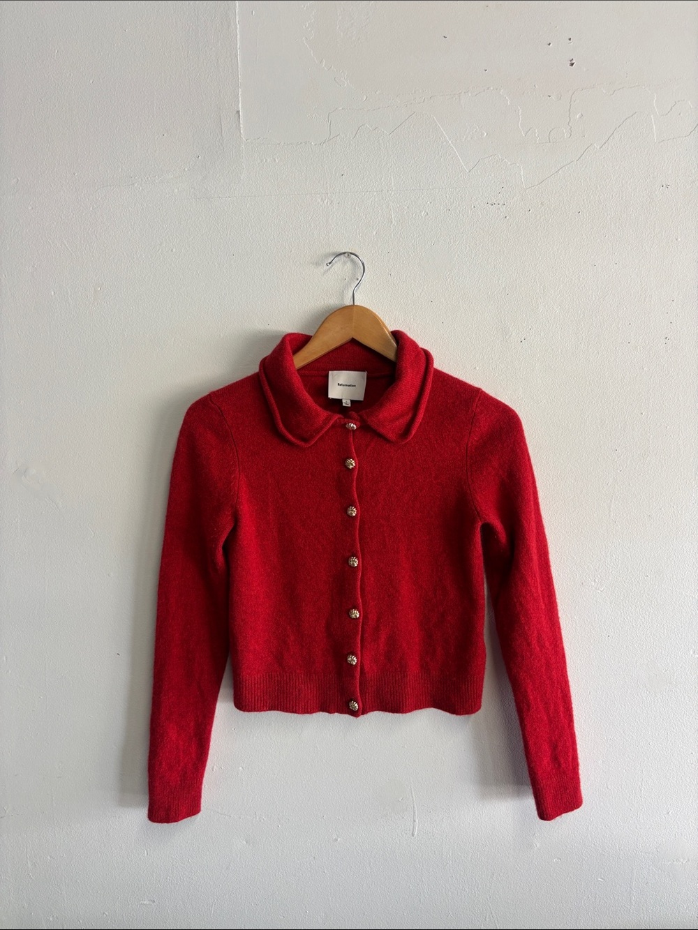 Reformation merino wool Red Button-Front Cardigan with Peter Pan Collar